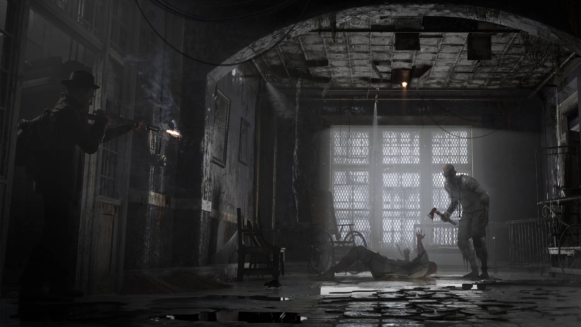Beging-City-2-Lamplay-LoveCraft-Horror-Game-Kickstarter Geleneksel 1920'lerde Amerikan Garb giyen bir adam, zeminde mücadele eden bir adam üzerinde duran bir balta olan bir adamı hedefliyor