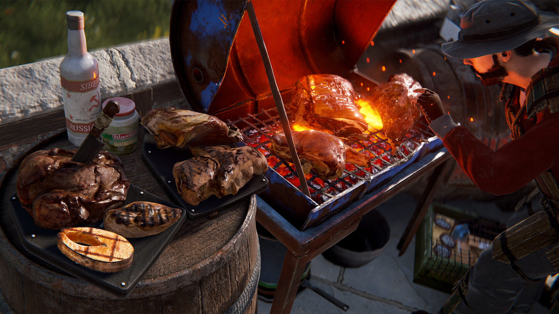 Pust-Crafting-Update-New-New-Wooking-Station-Steam-Survival-Oyun Pas Üretim Güncellemesi - Bir adam bir barbekü üzerinde et ızgara yapar.