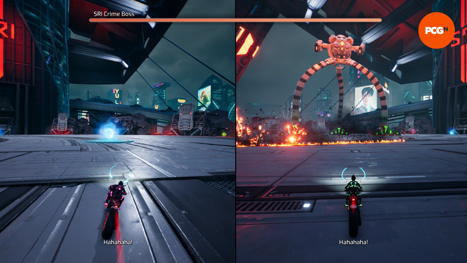 Split-Fiction-Cyberpunk-Level-Neon-Çaldırı Boss-Boss-Fight Fütüristik motosikletteki iki kadının hulking tamirci bir patrona doğru koştuğu bölünmüş bir oyunun görüntüsü