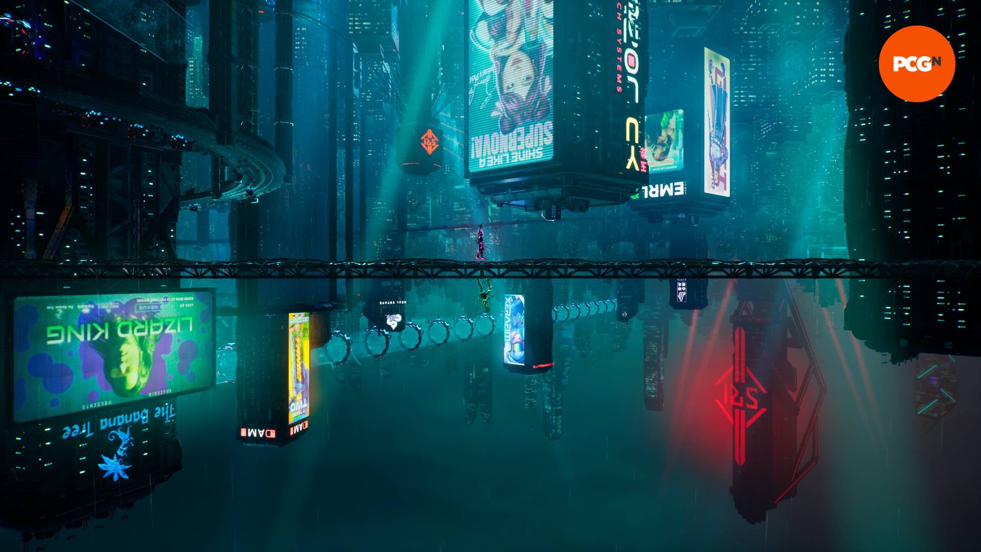 Split-Fiction-Review-Cyberpunk-Perspektif-Switch Fütüristik takım elbiseli iki kadın, biri üstte, diğeri altta bir siberpunk şehrinin üzerinde bir köprüyü geçiyor