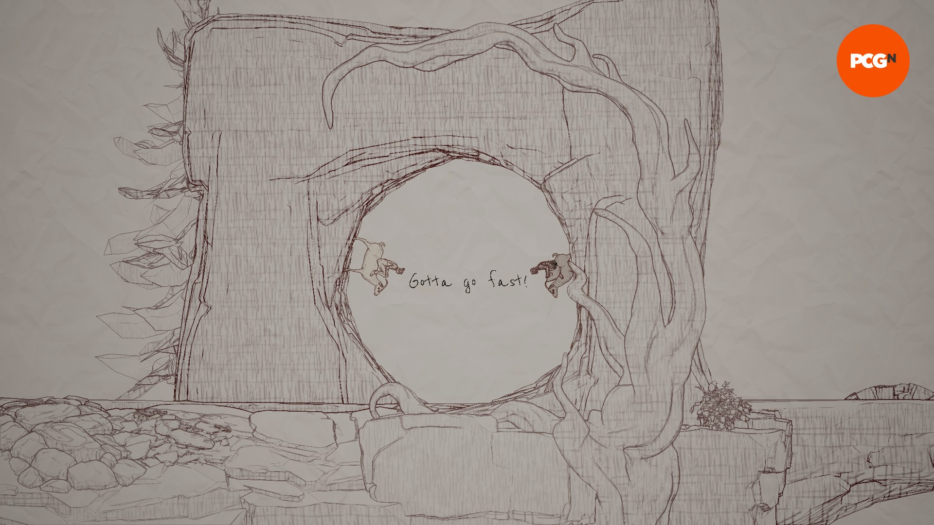 Split-Fiction-Zoe-Side-Story-Sonic-the-hedgehog-referans Bölünmüş Kurgu İncelemesi: Bir orman alanında iki kadın keçi süren bir elle çizilmiş döngü, ortada 'Hızlı Git' yazmalı