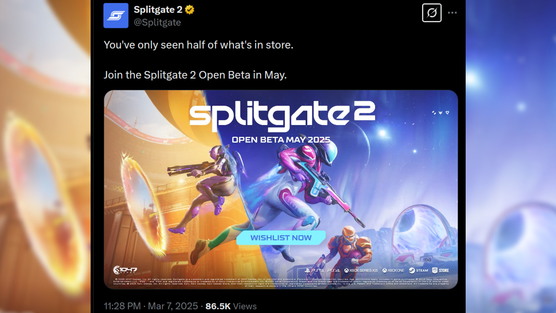 SplitGate 2 Open Beta - X üzerinden sosyal medya mesajı: "Mağazanın sadece yarısını gördünüz. Mayıs ayında Splitgate 2 Open Beta'ya katılın."