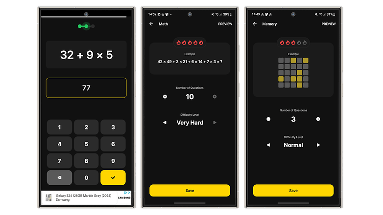 Örnekler ve zorluk seviyeleri ile matematik ve bellek sınav uygulamalarını gösteren üç akıllı telefon ekranı. Örnekler ve zorluk seviyeleri ile matematik ve bellek sınav uygulamalarını gösteren üç akıllı telefon ekranı.