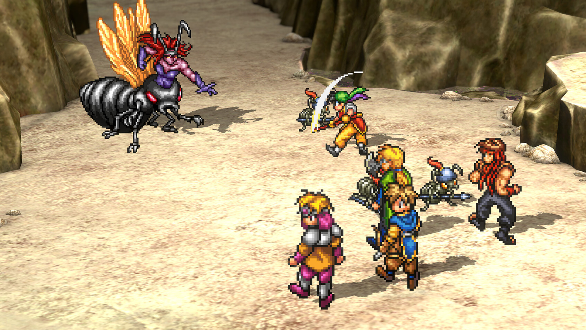 Suikoden-1-2-HD-Remaster-Combat-Combat-Classic-Jrpg-Konami Suikoden HD Remaster - Parti, kafasından çıkan bir bayanla dev bir karınca savaşıyor.