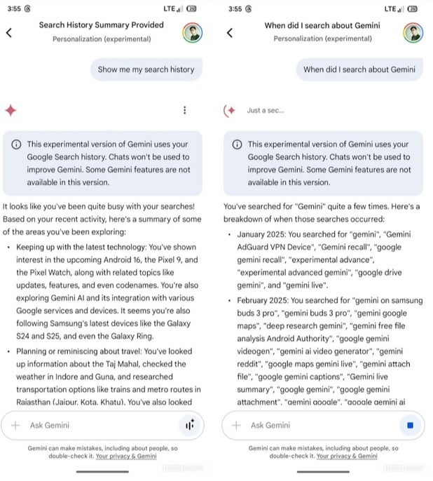 İkizler Kişiselleştirme Modeli tarafından yapılan sorgulara verilen yanıtlara örnekler. | Image Credit -Android Authority - Yaklaşan İkizler Modeli size kişiselleştirilmiş yardım sağlamak için Google arama geçmişinizle bağlantı kuracak
