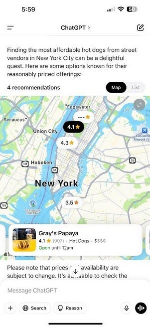 Chatgpt bize New York'taki en ucuz sosisli sandviçleri nerede bulacağımızı söyler. | Image Credit -Phonearena - Chatgpt ve Gemini'yi iPhone'unuzda hızlı bir şekilde açacak şekilde ayarlayın, böylece sorgularınızı yanıtlayabilirsiniz