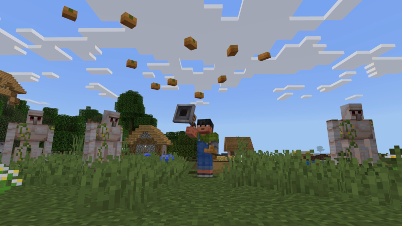 Bir Minecraft filminin ekran görüntüleri, bir silahtan patates fırlatma karakteri gösteren
