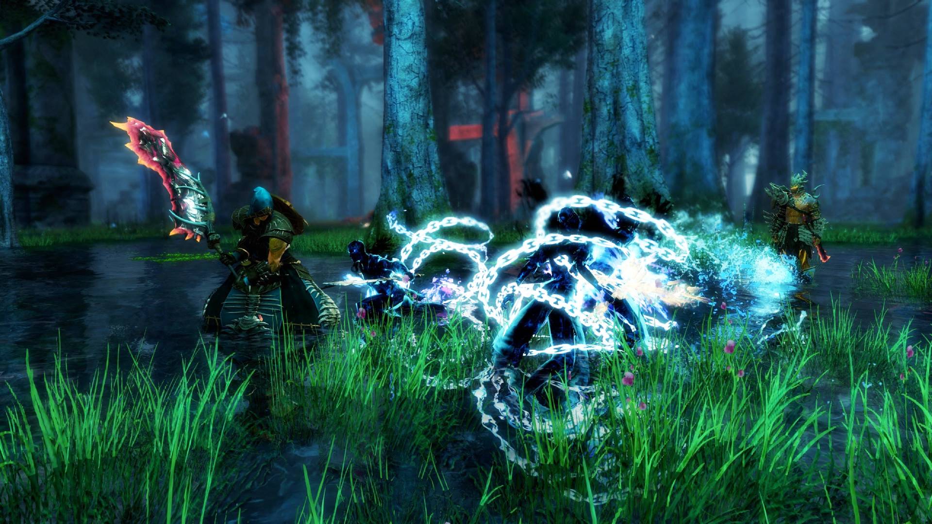 Guild-Wars-2-Classic-MMORPG-GW2-New-Janthir-Wilds-RePentance-Update Beyaz saçlı bir karakter, parlayan beyaz zincirlerle çevrili bir yaratıkla savaşır