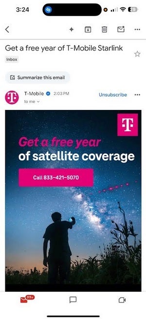 T-Mobile, T-Mobile'a geçenlere ücretsiz bir StarLink yılını tanıtmak isteyen e-postalar gönderir.