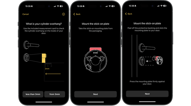 Bir akıllı telefonda Nuki Smart Lock Pro'nun kurulumunun ekran görüntüleri.