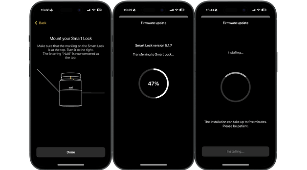 Ekranlar, Nuki Smart Lock Pro için mobilya işlemini göstermektedir.