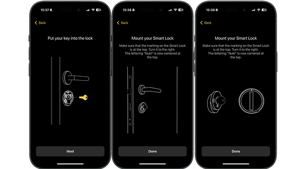 Nuki Smart Lock Pro'yu kurmak için mobilya adımları olan ekranlar
