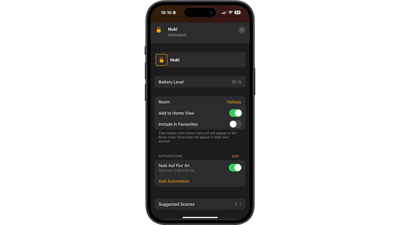 Nuki Smart Lock Pro 5.0 Uygulama Ekranı Kilitli Durum ve Pil Standı%35 gösterir.