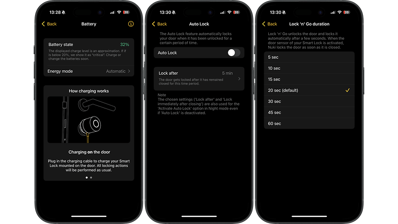 Nuki Smart Lock Pro 5.0 için ayarları görüntüleyen üç akıllı telefon ekranı: pil durumu, otomatik kilitleme ve kilitleme süresi.