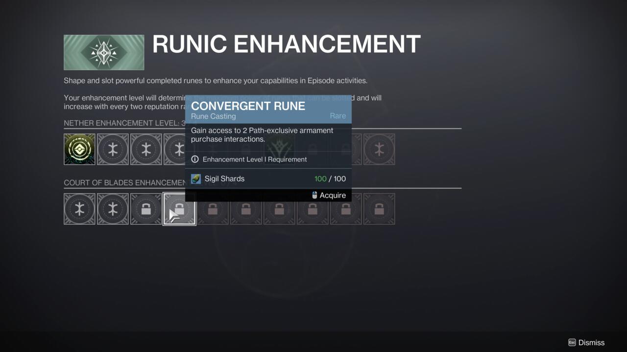 Destiny 2 Runes menüsü