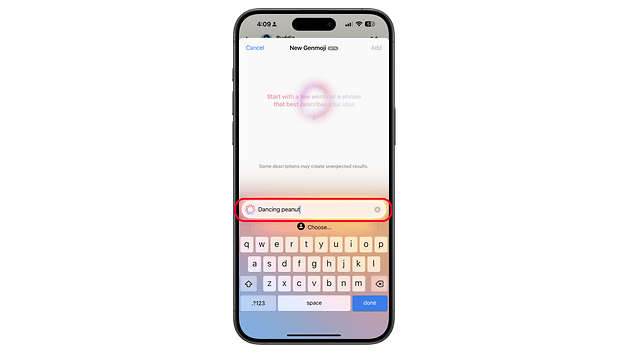 Akıllı telefon ekranı, 'Dans Fıstığı' adlı yeni bir emoji oluşturmak için bir metin girişi gösterir.