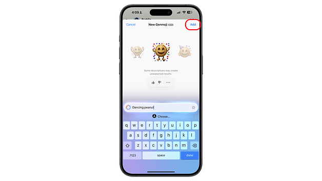 Akıllı telefon ekranı, 'dans fıstığı' ataması ve bir 'ekle' tuşuna sahip yeni bir emoji oluşturma yüzeyi gösterir.