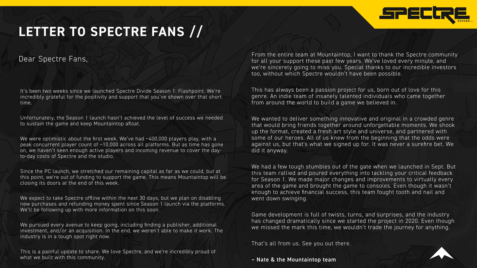 Spectre Divide: Spectre Divide ve Mounintop Studios'un kapandığını doğrulayan bir ifade