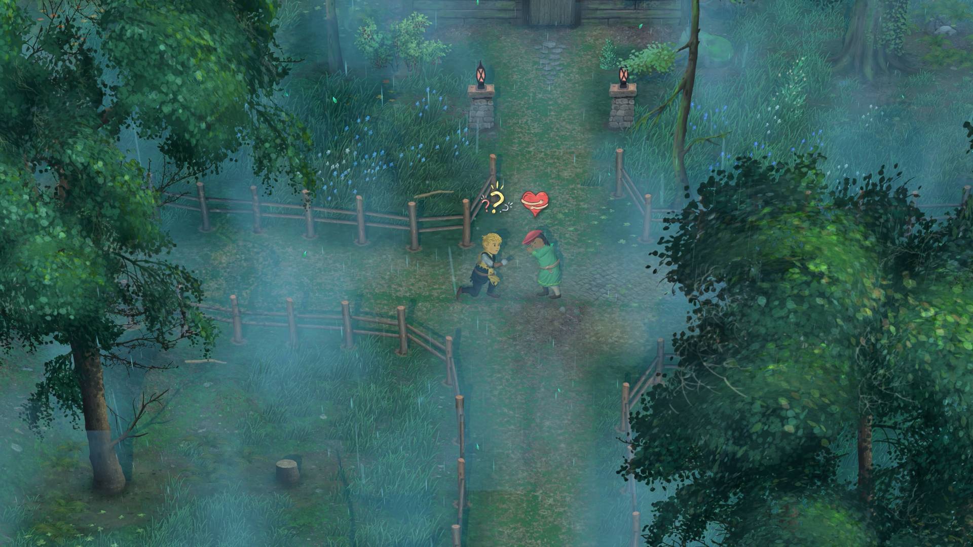 Mirthwood-Evles-Update-Stardew-Valley-Game-Game-Steam-Discount Bir sisli orman alanının ortasında, dizinde bir adam, dizinde bir adam, bir çiftin canlandırıcı görüntüleri