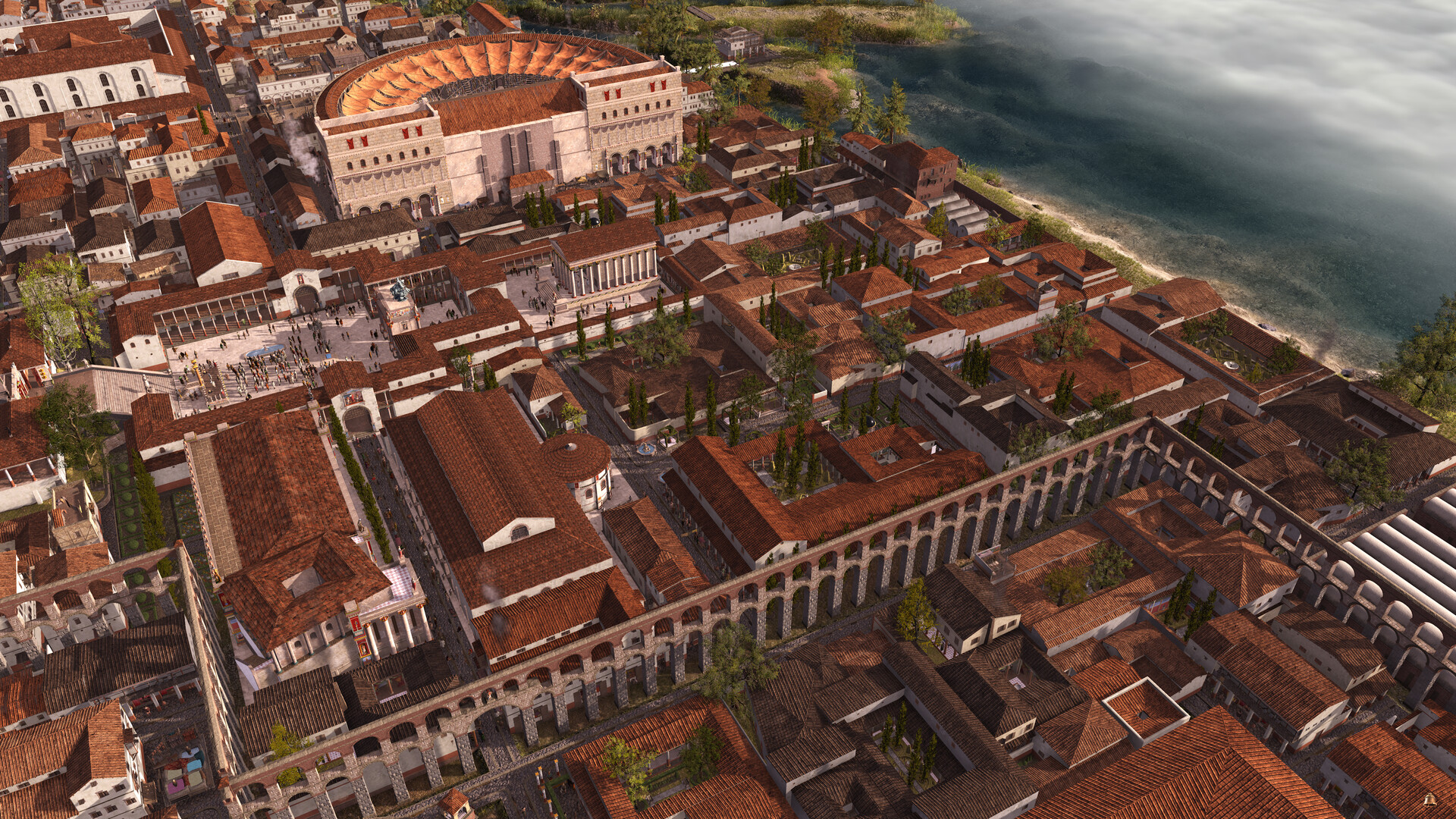 Pax-Augusta-Roman-Capting-Game-Game-Cities-Skyline-New-Steam-Demo Gökyüzünden görülen sanal bir Roma yerleşiminin görüntüsü, kıyılara alışan deniz