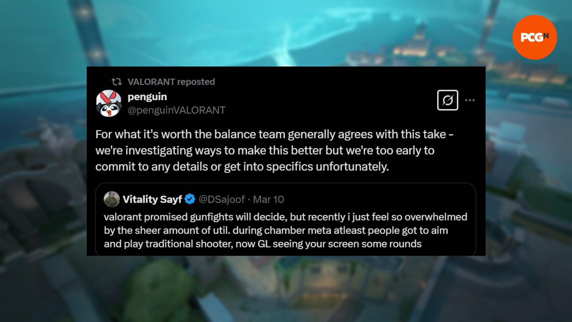 Valorant-Riot-Repponse-Gunplay-Concerns Penguin'in Valorant'ın silah oyunu hakkındaki endişelerine tepkisi adlı bir isyan çalışanı görüntüsü
