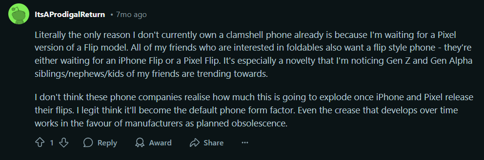 Görüntü Kaynağı - Reddit - Motorola'nın bir sonraki katlanabilirliği aslında Pixel Flip hayranları için iyi bir haber olabilir (ve kötü - Apple hayranları için)