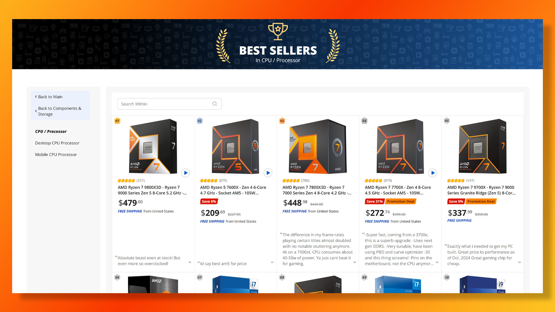 AMD vs Intel CPU satışları Newegg.