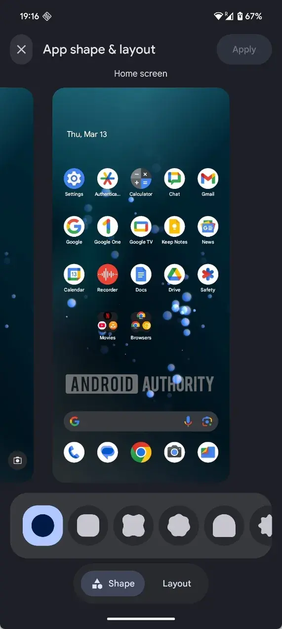 Google Pixel telefonları için kullanılabilir hale gelebilecek simge şekillerinin ekran görüntüsü