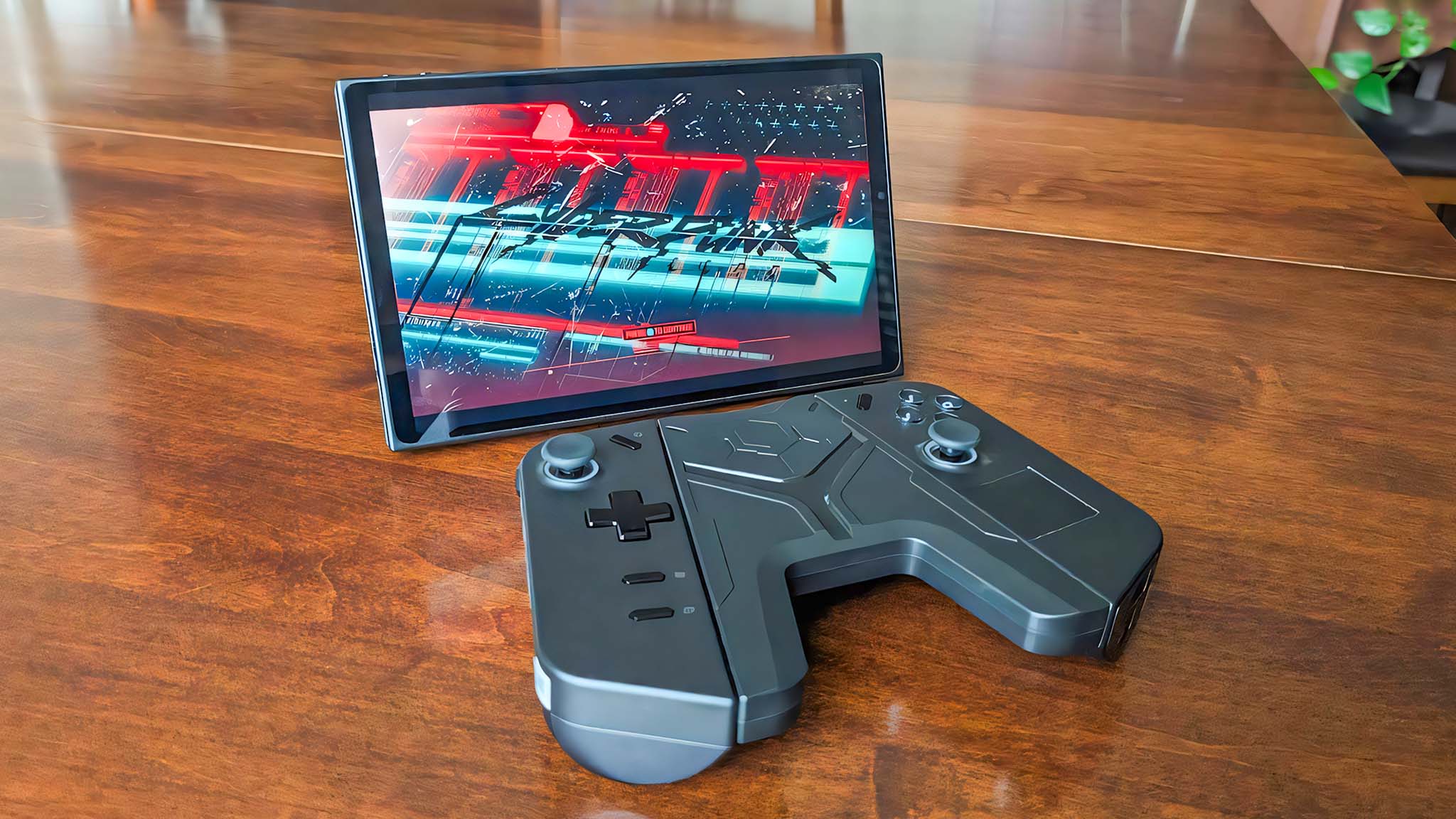Legion Go, önündeki Legion Go denetleyicilerine bağlı JSaux kavrama konnektörü ile Cyberpunk 2077'yi çalıştırıyor.
