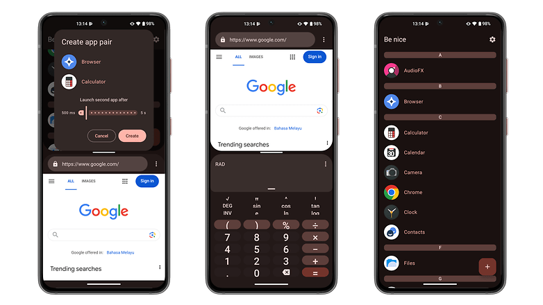 Üç akıllı telefon ekranını, uygulama eşleştirme seçeneklerini, bir web tarayıcısını ve uygulamaların bir listesini gösterin.