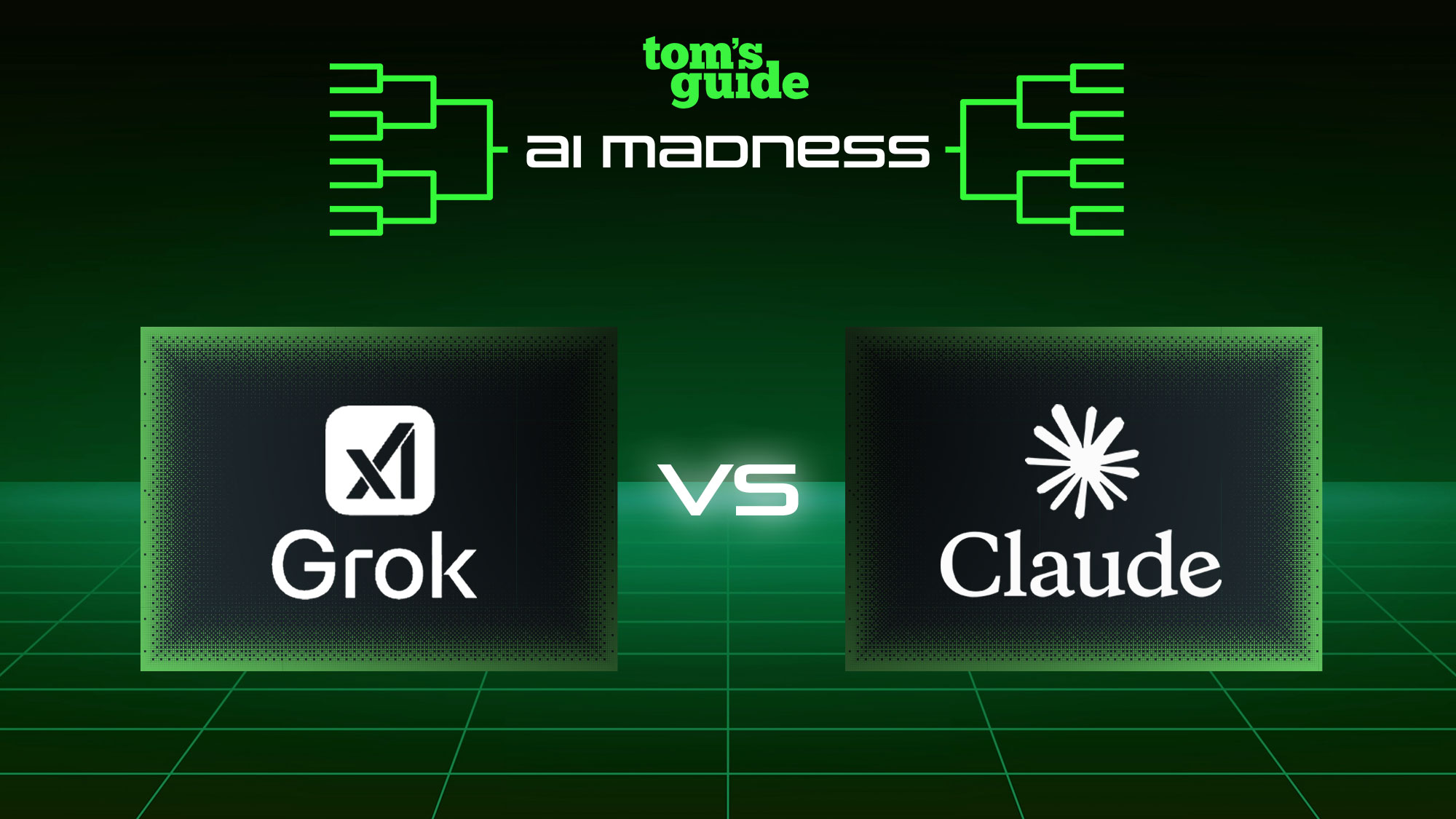 Tom's Guide AI Madness Logosu Grook ve Claude Logoları arasında bir faceoff ile