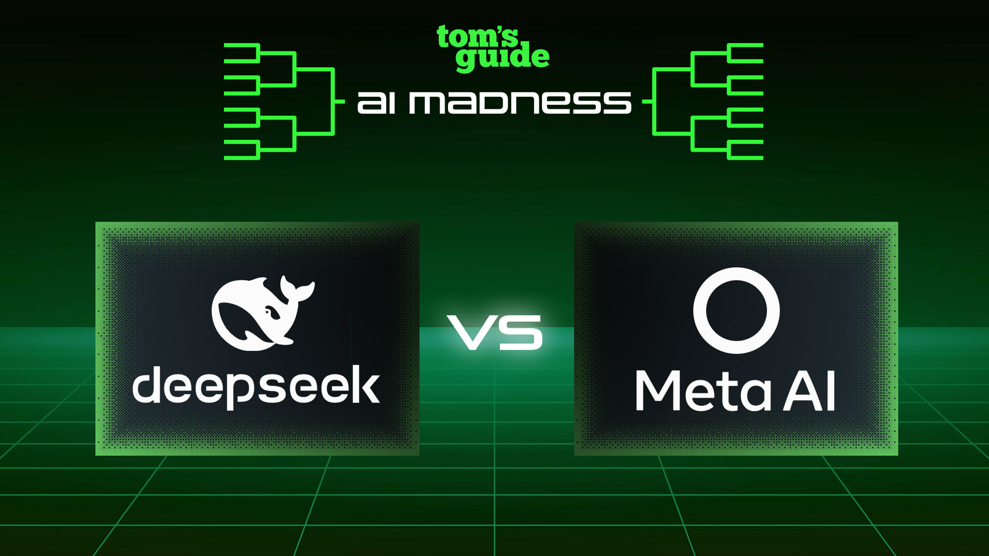 Deepseek ve Meta AI Logoları Arasında Yüzoff ile Tom'un Kılavuzu AI Madness Logosu