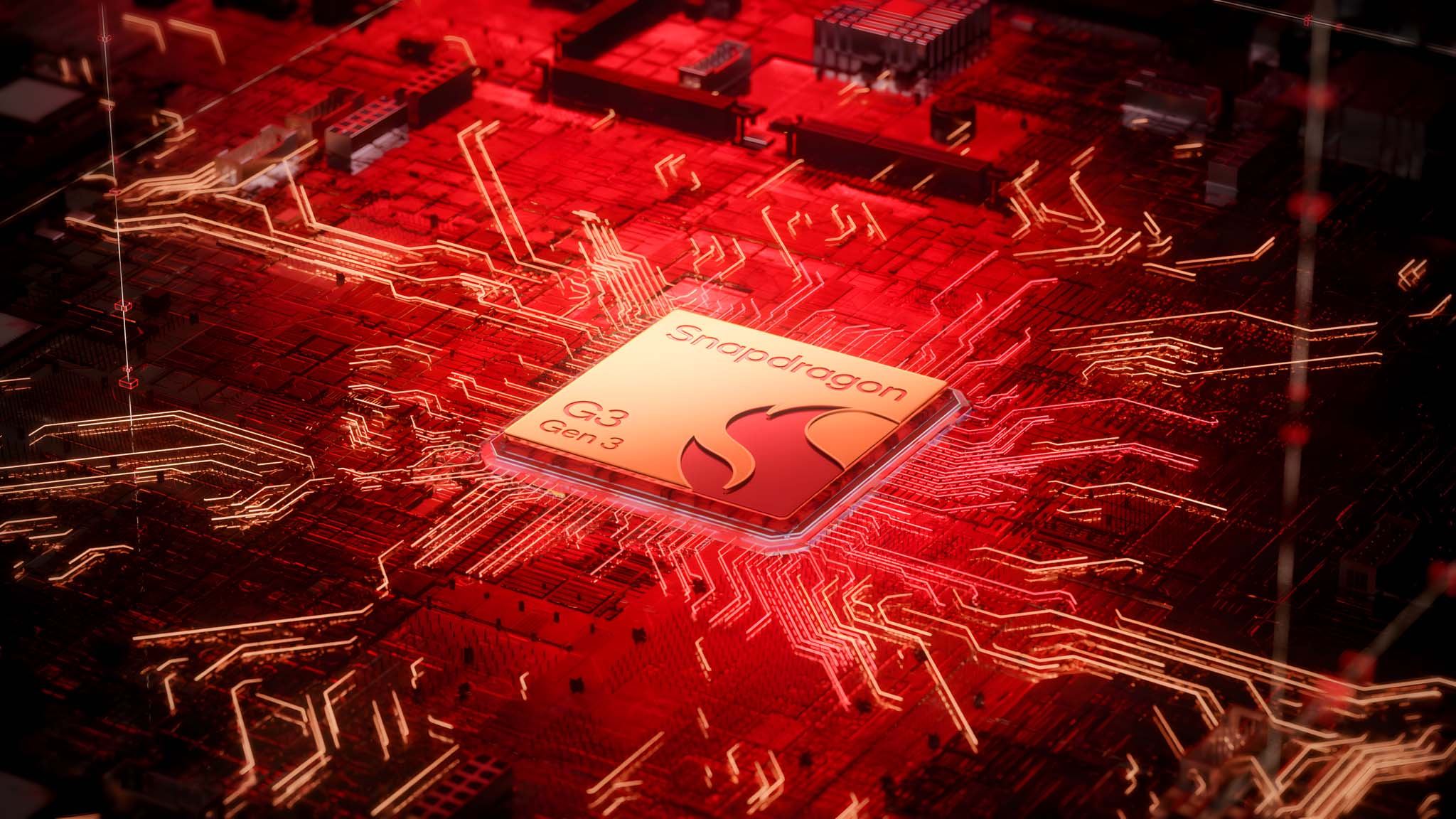Anakartta Qualcomm Snapdragon G3 Gen 3 çipinin renkli görüntüsü.