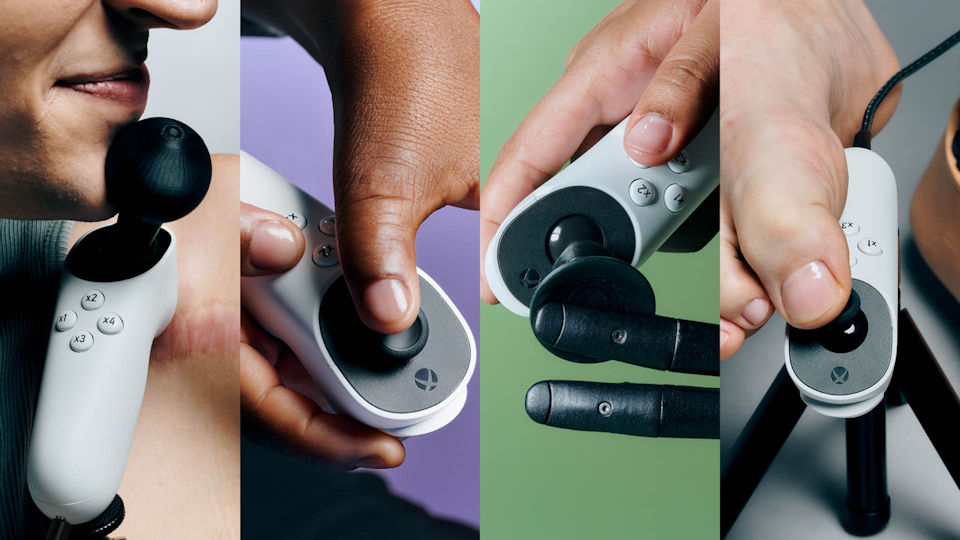 Çeşitli engelli oyuncular tarafından kullanılan çeşitli başparmak grips ile Xbox uyarlanabilir joystick kolajı.