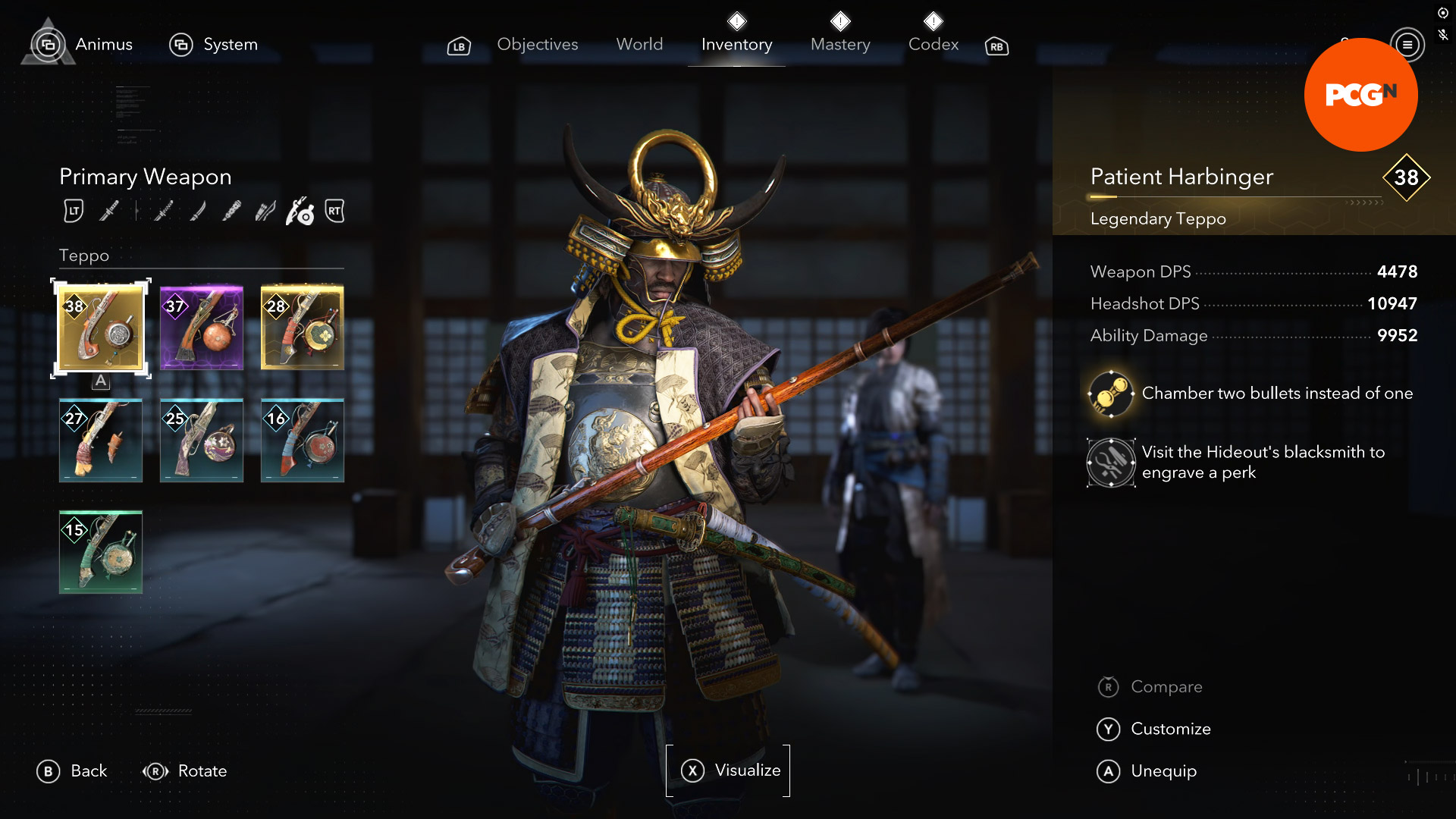 Assassin's Creed Shadows En İyi Silahlar: Yasuke Uzun Kahverengi Teppo Tutuyor