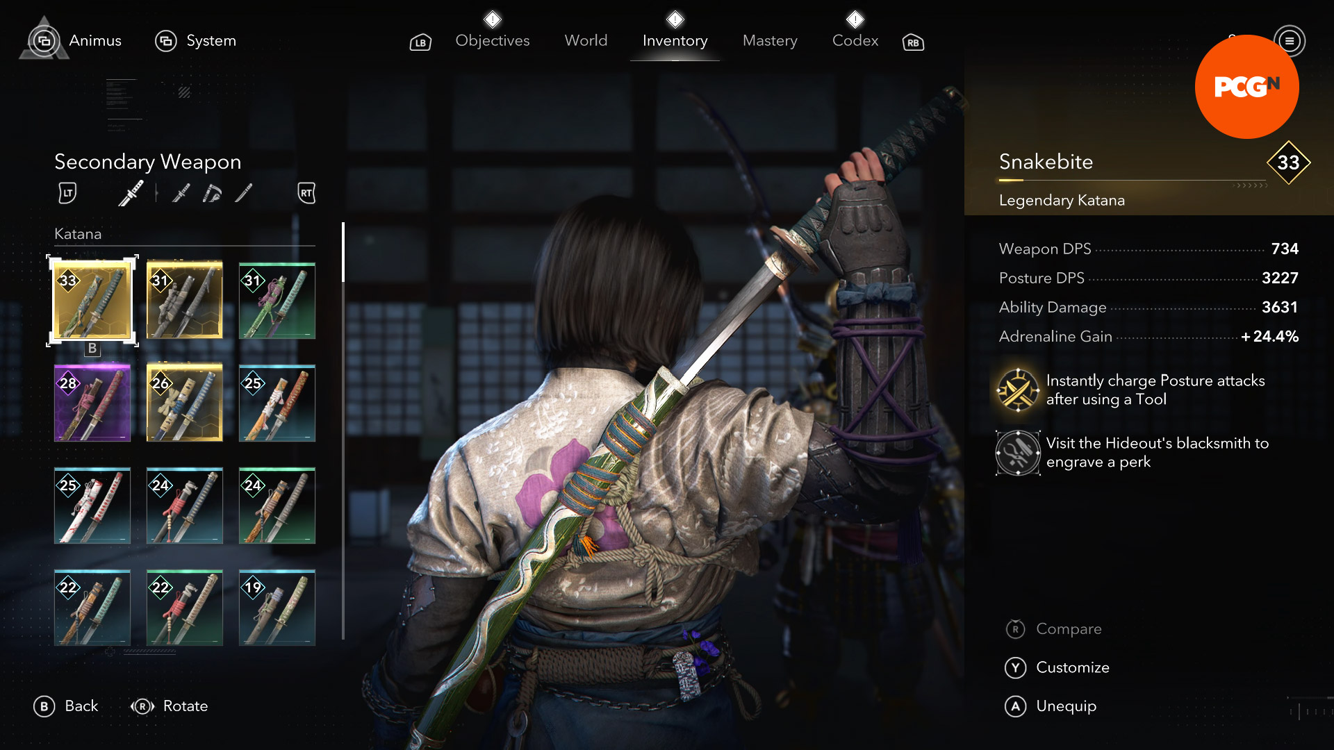 Assassin's Creed Shadows En İyi Silahlar: Naoe Yılan Deseni ile Yeşil Bir Kın'dan Katana'yı Kırıltılar