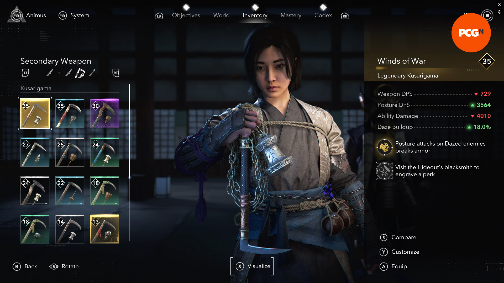 Assassin's Creed Shadows En İyi Silahlar: Mavi-ish, tırpan benzeri bir Kusarigama tutan Naoe