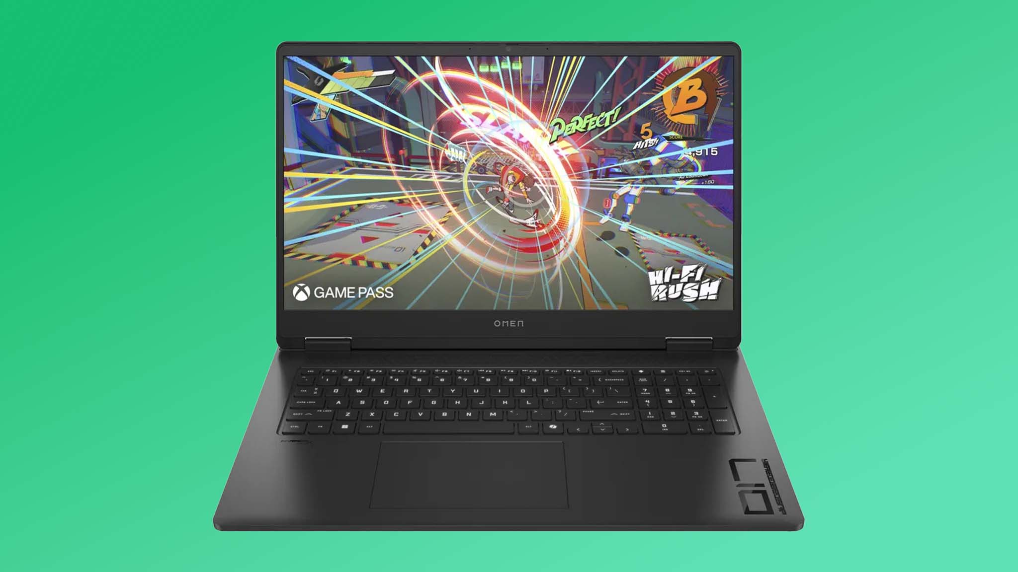 HP Omen 17 Oyun Dizüstü bilgisayar yeşil bir arka plan.