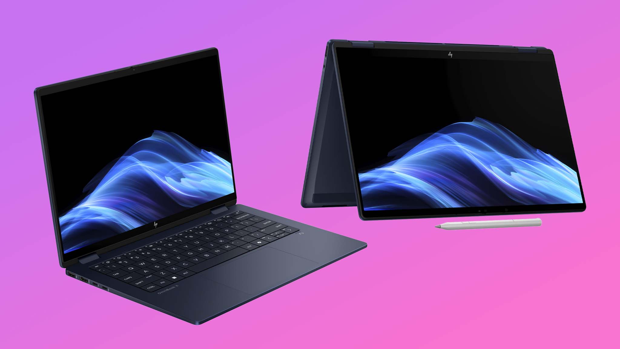 İki HP Omnibook X Flip 14 2 2-1 arada, biri dizüstü bilgisayar modunda, diğeri tablet çadır modunda.