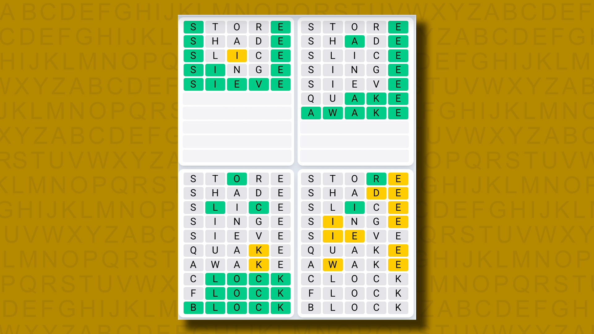 Quordle Daily Sequence, Sarı Arka Planda Oyun 1152 için Cevaplar