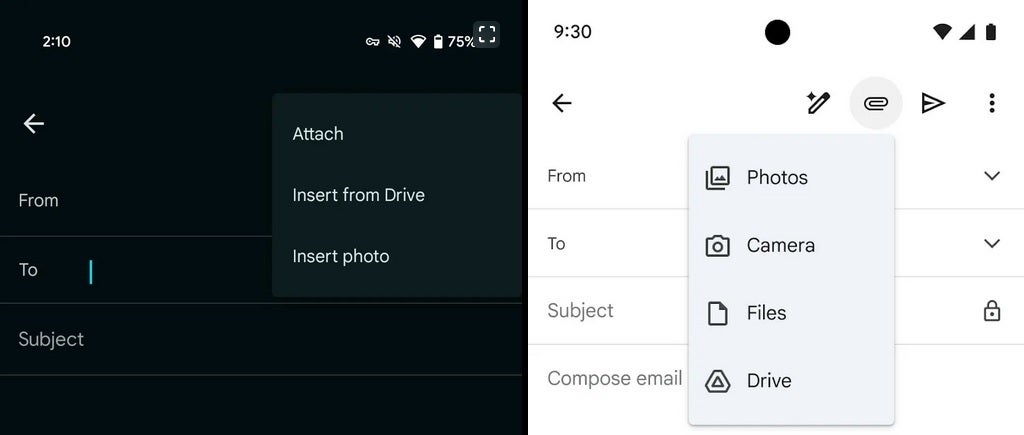 Solda, sağdaki yeni menü ile eski ekler menüsü. | Image Credit -9to5Google - Hesap değiştirici, Android uygulaması için Gmail'deki önceki konumuna geri dönüyor