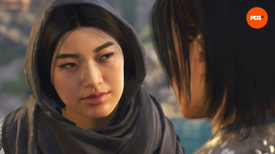 Assassin's Creed Shadows Müttefikleri: Katsuhime bir şal giyerken Naoe'ye çapraz bakıyor