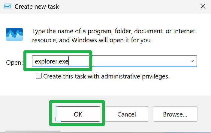 Explorer.exe'yi açık alanda girin ve Tamam'ı tıklayın