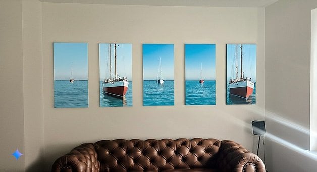 Kahverengi deri bir kanepenin üzerinde bir duvara asılı su üzerinde tekne ile beş panel.