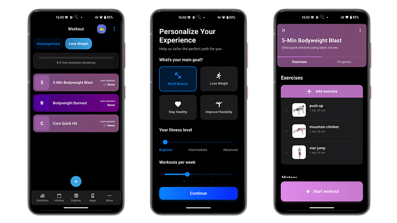 Üç akıllı telefon ekranı, egzersizler ve ilerleme izleme ile kilo vermek için bir eğitim uygulaması gösterir. Üç akıllı telefon ekranı, egzersizler ve ilerleme izleme ile kilo vermek için bir eğitim uygulaması gösterir.
