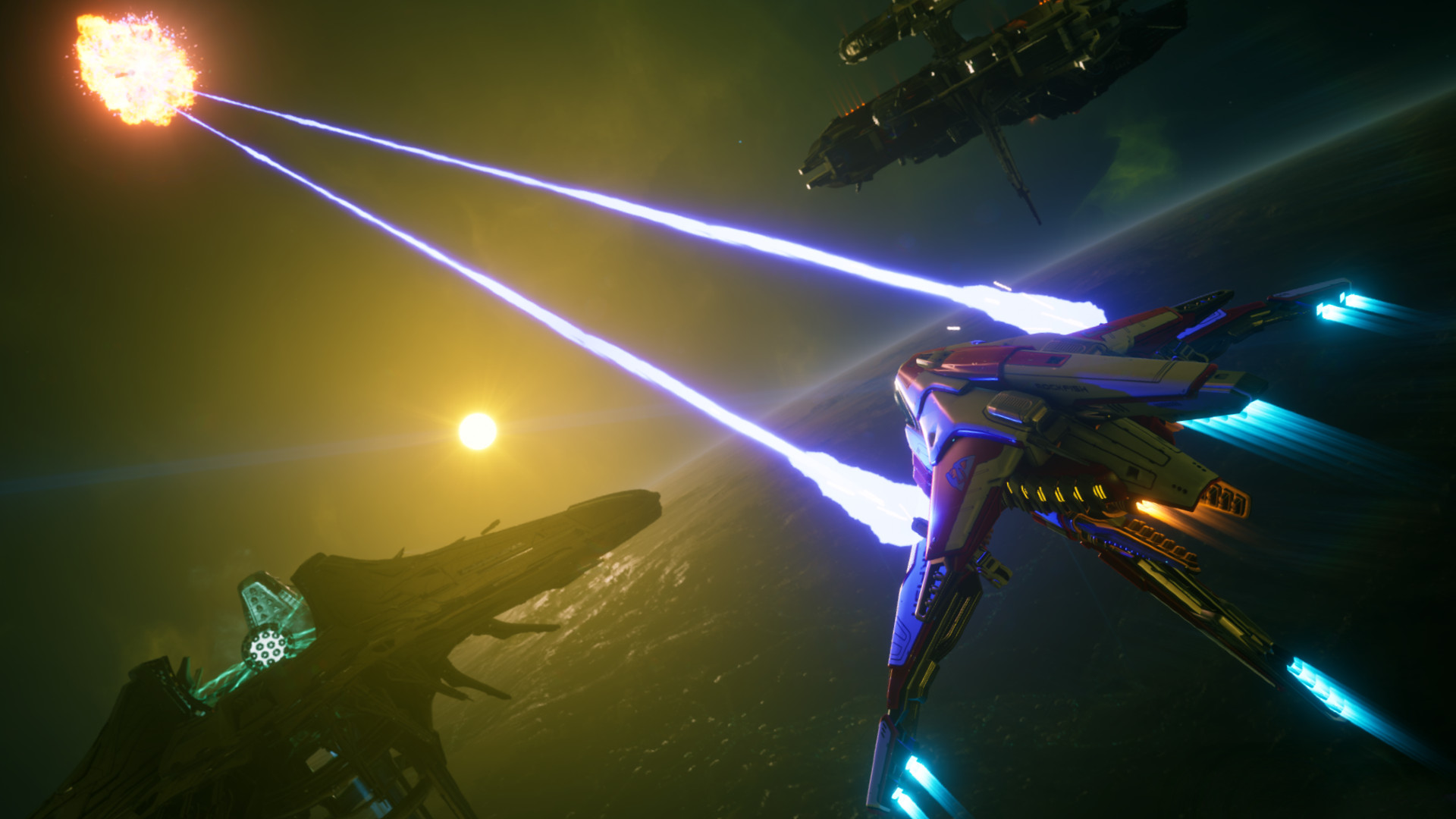 Everspace 2 - Wraith gemisi, bir düşman gemisini patlatmak için ikiz lazerleri ateşler.