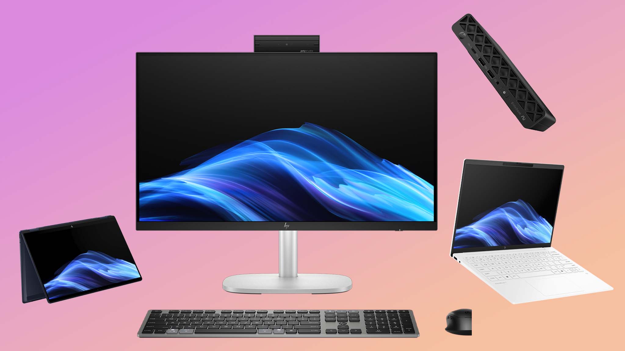 Pembe ve şeftali renkli bir arka plan üzerinde bir HP 2'si, hepsi bir arada, Mini PC ve dizüstü bilgisayar.