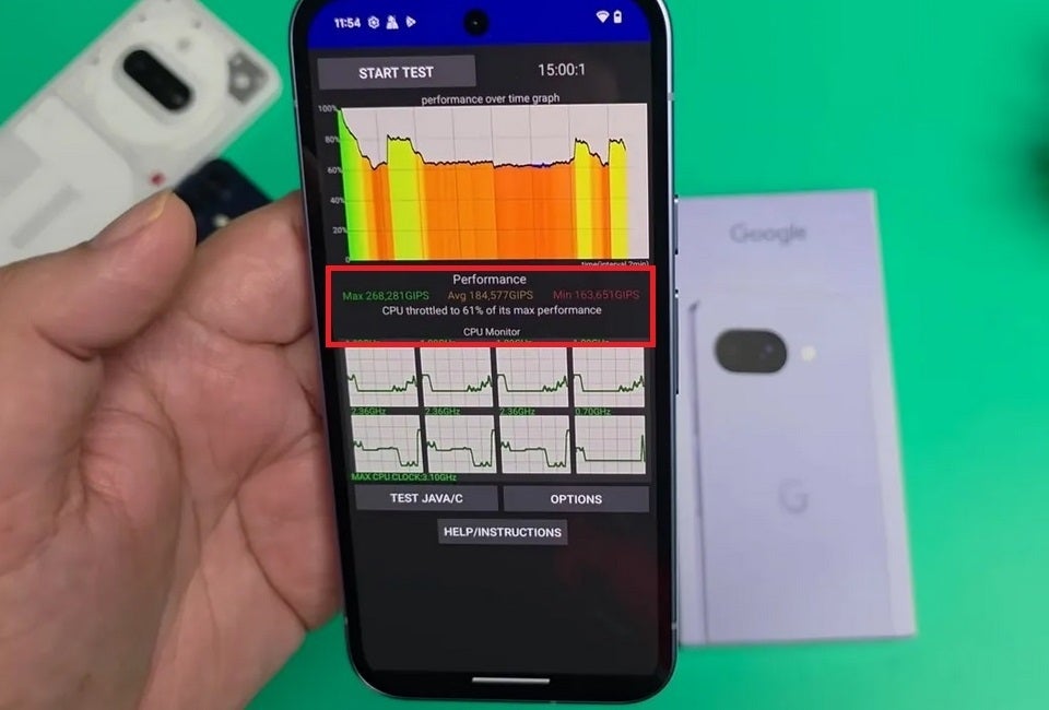 Pixel 9A'nın görüntüsü, maksimum performansın% 61'inde kısıldığını gösteren bir ölçüt testi çalıştırıyor.