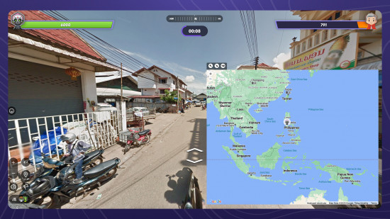 Geogussr Steam Edition ekran görüntüsü Arka planda Google Street View ve üstte bir haritada rastgele konuma sahip geoguessr oyunu.