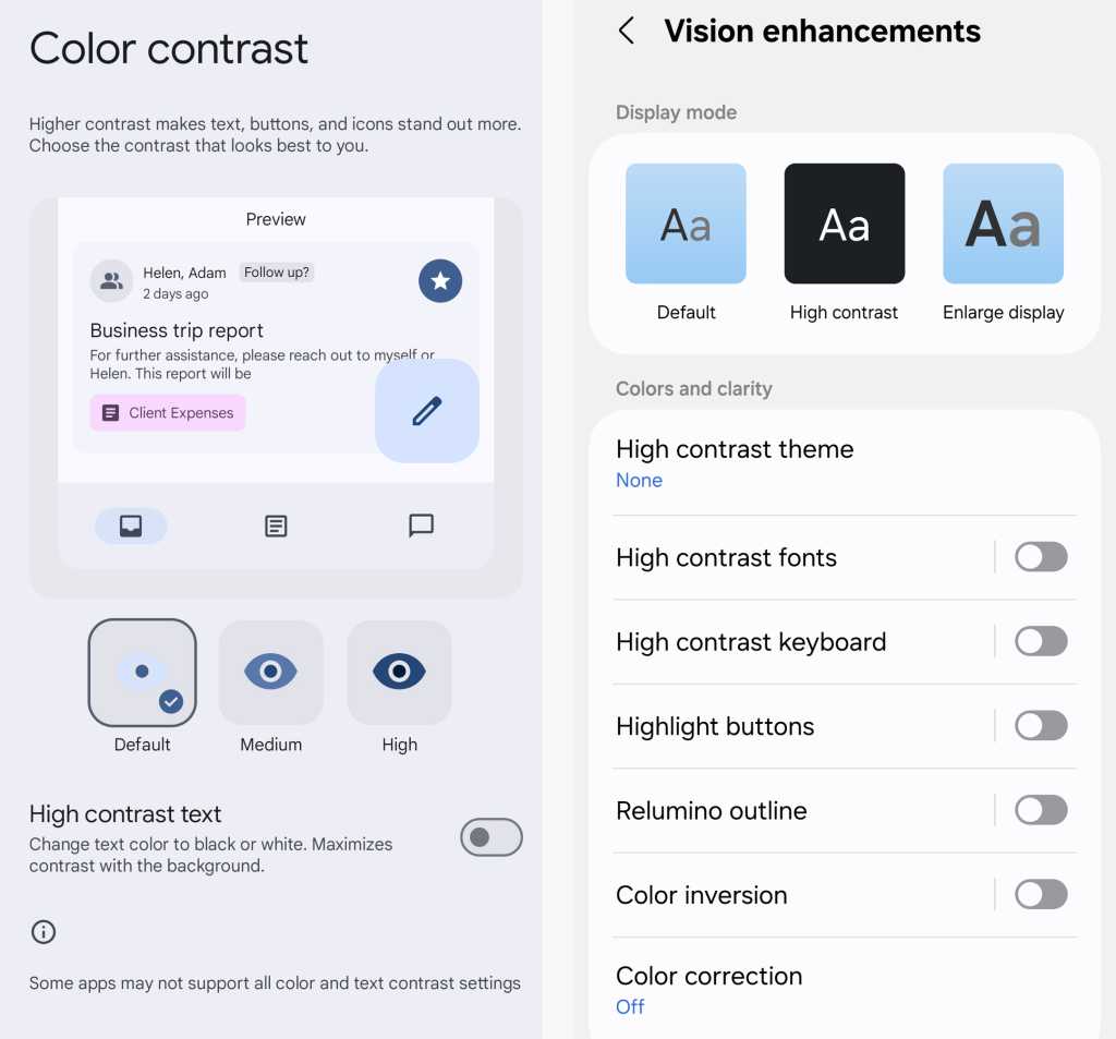 Android 15'te renk kontrast ayarları